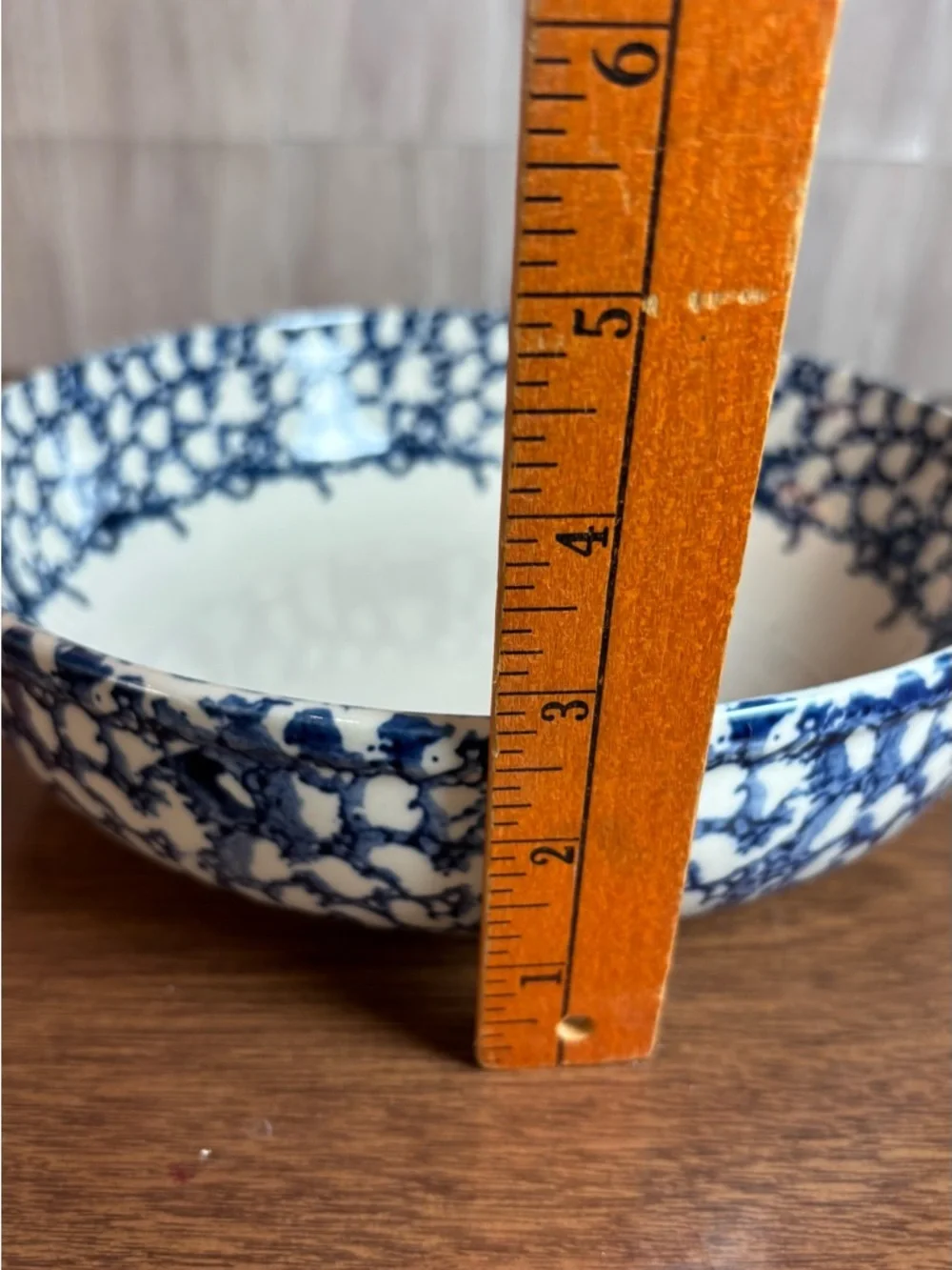 Vintage Blue & White Stoneware Sponge Painted Decorative Bowl